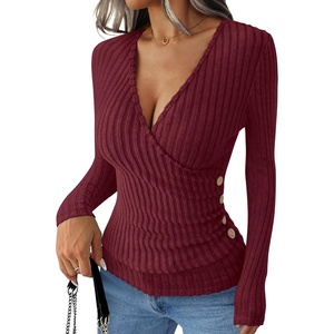 image:imageANRABESS Long Sleeve Shirts for Women V Neck Slim Fit Fall TopsBurgundy