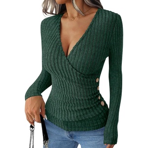 image:imageANRABESS Long Sleeve Shirts for Women V Neck Slim Fit Fall TopsGreen