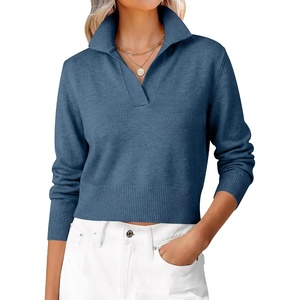 image:imageANRABESS Sweaters for Women Cropped Polo Collared Long SleeveDeep Blue