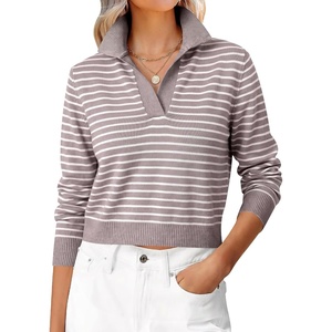 image:imageANRABESS Sweaters for Women Cropped Polo Collared Long SleeveNutmeg White Stripe