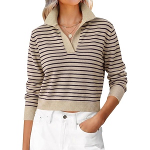 image:imageANRABESS Sweaters for Women Cropped Polo Collared Long SleeveTan Black Stripe