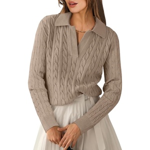 image:imageANRABESS Womens Cable Knit Sweaters Long Sleeve Polo Fall OutfitsBright Tan