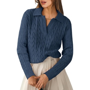 image:imageANRABESS Womens Cable Knit Sweaters Long Sleeve Polo Fall OutfitsDeep Blue