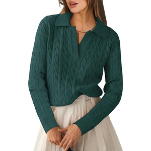 image:imageANRABESS Womens Cable Knit Sweaters Long Sleeve Polo Fall OutfitsDeep Green
