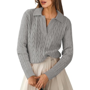 image:imageANRABESS Womens Cable Knit Sweaters Long Sleeve Polo Fall OutfitsGrey