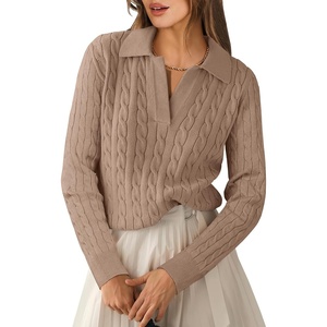 image:imageANRABESS Womens Cable Knit Sweaters Long Sleeve Polo Fall OutfitsKhaki
