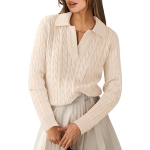image:imageANRABESS Womens Cable Knit Sweaters Long Sleeve Polo Fall OutfitsParchment Beige