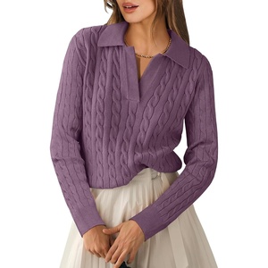 image:imageANRABESS Womens Cable Knit Sweaters Long Sleeve Polo Fall OutfitsPurple