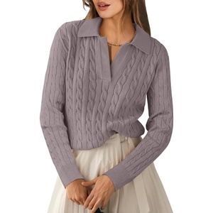 image:imageANRABESS Womens Cable Knit Sweaters Long Sleeve Polo Fall OutfitsPurple Taupe