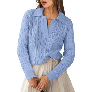 image:imageANRABESS Womens Cable Knit Sweaters Long Sleeve Polo Fall OutfitsSky
