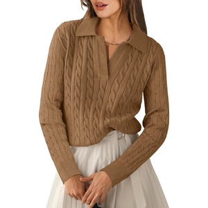 image:imageANRABESS Womens Cable Knit Sweaters Long Sleeve Polo Fall OutfitsTan