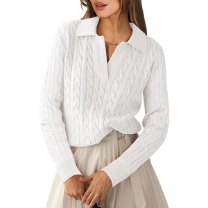 image:imageANRABESS Womens Cable Knit Sweaters Long Sleeve Polo Fall OutfitsWhite