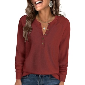 image:imageANRABESS Womens Waffle Knit Henley Top Long Sleeve ShirtsBirck Red