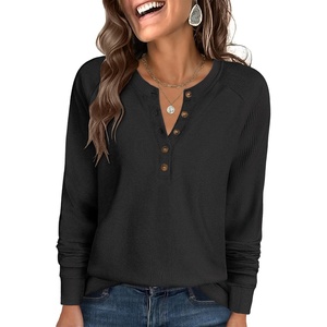 image:imageANRABESS Womens Waffle Knit Henley Top Long Sleeve ShirtsBlack