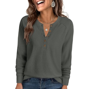 image:imageANRABESS Womens Waffle Knit Henley Top Long Sleeve ShirtsDeep Army Green