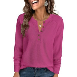 image:imageANRABESS Womens Waffle Knit Henley Top Long Sleeve ShirtsHot Pink