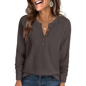 image:imageANRABESS Womens Waffle Knit Henley Top Long Sleeve ShirtsLight Brown