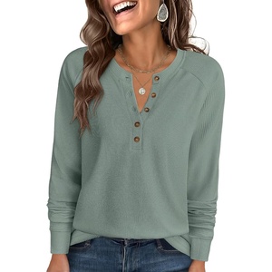 image:imageANRABESS Womens Waffle Knit Henley Top Long Sleeve ShirtsLight Green