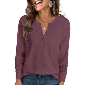 image:imageANRABESS Womens Waffle Knit Henley Top Long Sleeve ShirtsMauve