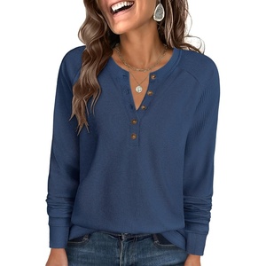 image:imageANRABESS Womens Waffle Knit Henley Top Long Sleeve ShirtsNavy Blue
