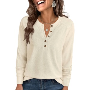 image:imageANRABESS Womens Waffle Knit Henley Top Long Sleeve ShirtsParchment