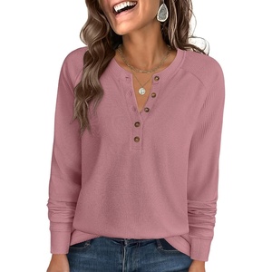 image:imageANRABESS Womens Waffle Knit Henley Top Long Sleeve ShirtsPink