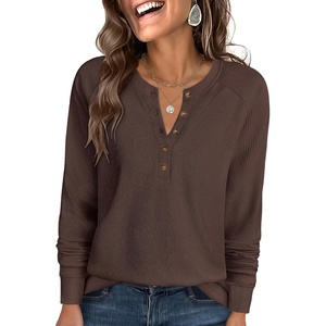 image:imageANRABESS Womens Waffle Knit Henley Top Long Sleeve ShirtsRed Brown