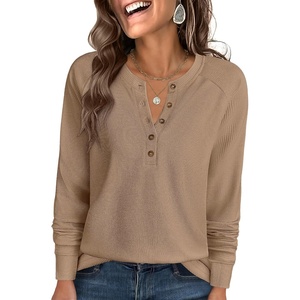 image:imageANRABESS Womens Waffle Knit Henley Top Long Sleeve ShirtsTan