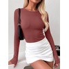 image:imageANRABESS Women Long Sleeve Shirts Ribbed Fitted TopsBrick Red