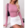 image:imageANRABESS Women Long Sleeve Shirts Ribbed Fitted TopsHot Pink White