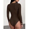 image:imageANRABESS Womens Built in Bra Long Sleeve Ribbed BodysuitsDeep Brown