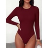 image:imageANRABESS Womens Built in Bra Long Sleeve Ribbed BodysuitsWine Red