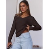 image:imageANRABESS Womens Cable Knit V Neck Long Sleeve Fitted Sweaters TopDeep Brown