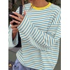 image:imageANRABESS Womens Long Sleeve Shirts Oversized Striped TopsBlue Beige Stripe