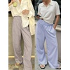 image:imageANRABESS Womens Striped Gingham Wide Leg Palazzo Pants with PocketsBrown White Stripe