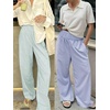 image:imageANRABESS Womens Striped Gingham Wide Leg Palazzo Pants with PocketsGreen White Stripe