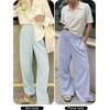 image:imageANRABESS Womens Striped Gingham Wide Leg Palazzo Pants with PocketsGreen White Stripe