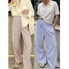 image:imageANRABESS Womens Striped Gingham Wide Leg Palazzo Pants with PocketsLight Brown White Stripe