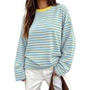 image:imageANRABESS Womens Long Sleeve Shirts Oversized Striped TopsBlue Beige Stripe