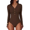 image:imageANRABESS Womens Long Sleeve V Neck Henley Bodysuits TopsCoffee
