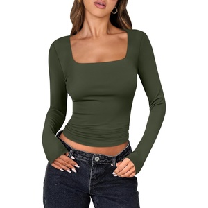 image:imageANRABESS Long Sleeve Shirts for Women Double Lined Crop TopsArmy Green