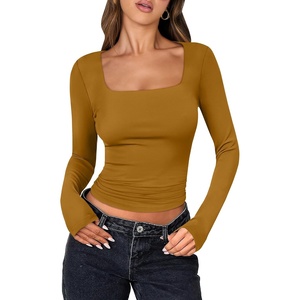 image:imageANRABESS Long Sleeve Shirts for Women Double Lined Crop TopsCaramel