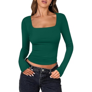 image:imageANRABESS Long Sleeve Shirts for Women Double Lined Crop TopsForest Green