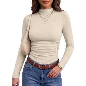 image:imageANRABESS Women Long Sleeve Mock Neck Shirts Fall Ruched Fitted Thermal TopsBeige