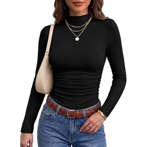 image:imageANRABESS Women Long Sleeve Mock Neck Shirts Fall Ruched Fitted Thermal TopsBlack