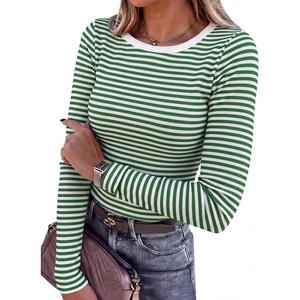 image:imageANRABESS Women Long Sleeve Shirts Ribbed Fitted TopsGreen Striped