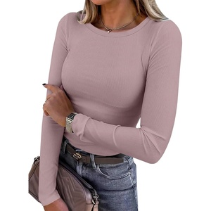 image:imageANRABESS Women Long Sleeve Shirts Ribbed Fitted TopsGrey Pink
