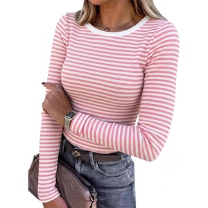 image:imageANRABESS Women Long Sleeve Shirts Ribbed Fitted TopsPink Striped