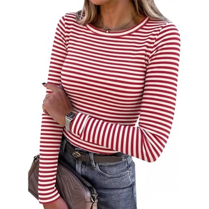 image:imageANRABESS Women Long Sleeve Shirts Ribbed Fitted TopsRed White