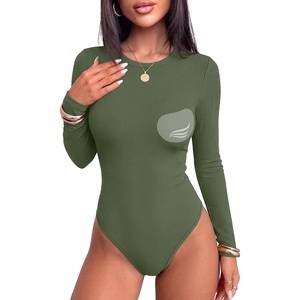 image:imageANRABESS Womens Built in Bra Long Sleeve Ribbed BodysuitsArmy Green